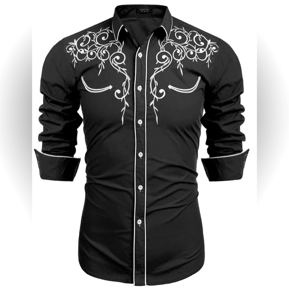 💜 Coofandy szL Black Embroidered Men's Western Shirt